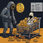 a newborn bitcoin cryptohype and a robber with a mask, digital artwork